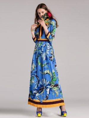 Spring Summer Blue Printed Pleated La...