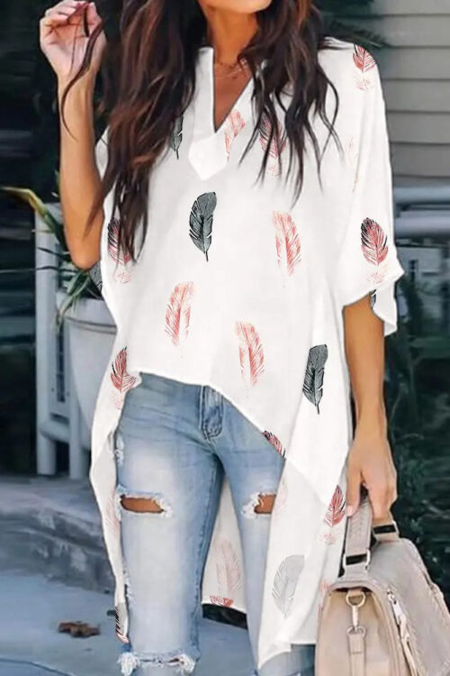 Summer Women Clothing Printed V-neck Batwing Sleeve Casual Irregular Asymmetric Shirt