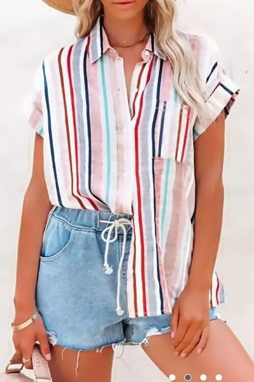 Women Clothing Summer Striped Short-Sleeved Women Shirt Casual Top