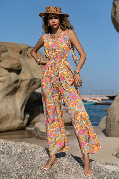 Mixed Bohemian Spaghetti-Strap Floral Print Jumpsuit Backless Jumpsuit