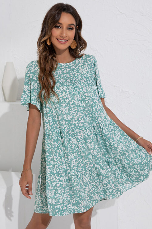 Summer round Neck Floral Ruffle Sleev...