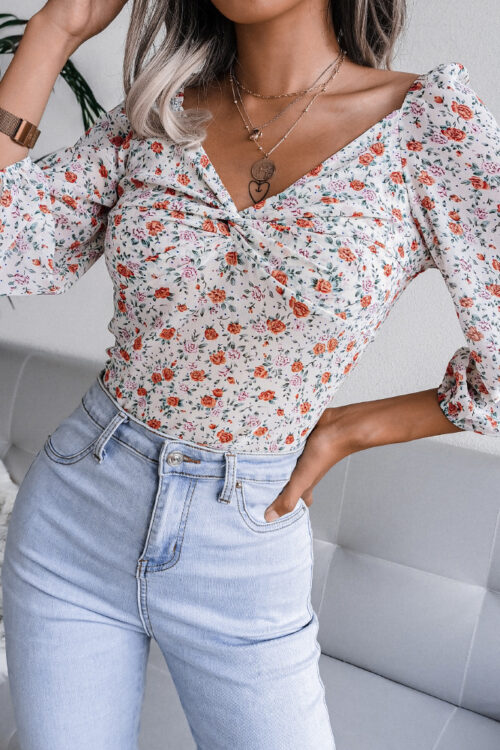 Autumn Winter Sexy V-neck Knotted Floral Chiffon Shirt Top Women Clothing