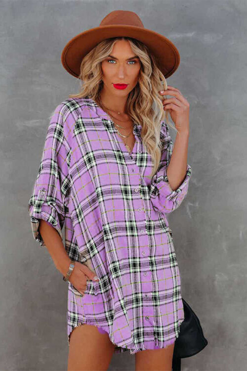 Autumn Plaid Printed V neck Long Slee...