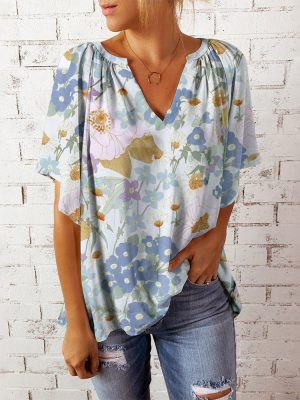 Summer Top Women V neck Printed Short...