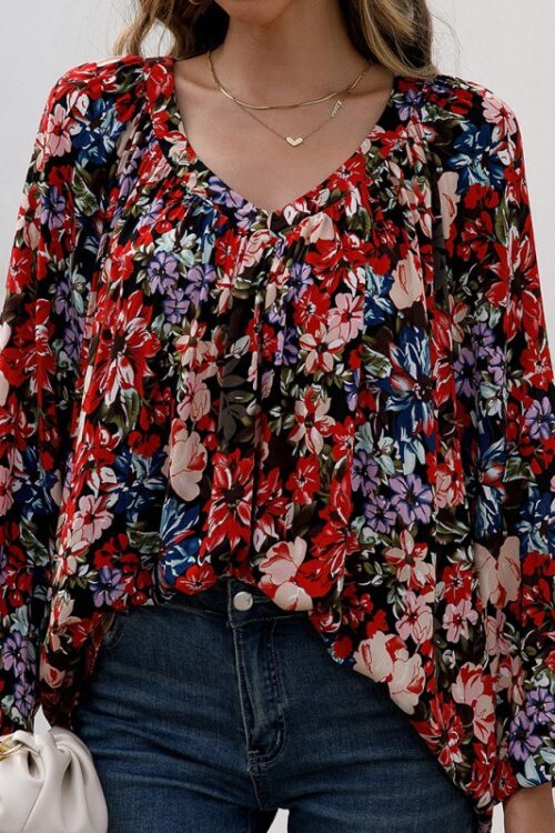 Loose Casual Floral Long Sleeved V neck Shirt Estampado Floral  Shirt Top for Women