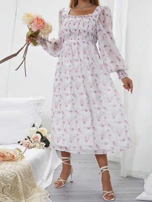 French Square Collar Floral Dress Min...