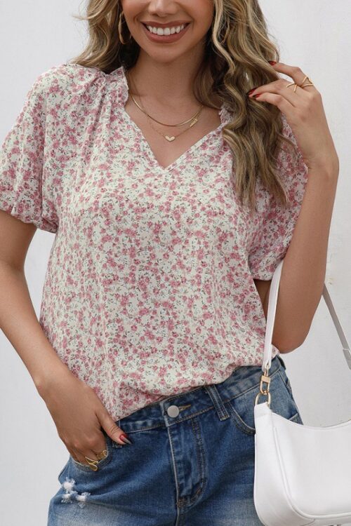 Loose Casual Floral V neck Short Sleeve Shirt Wooden Ear Printed Shirt Top for Women