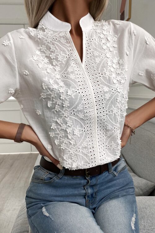 Summer Women V-neck Stand Collar Eyelet Embroidery Lace Top Shirt
