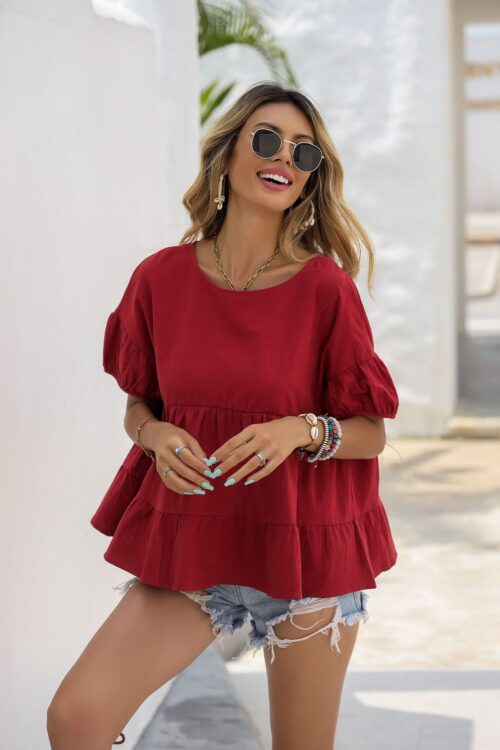 Women Shirt Summer Short Sleeve Solid Color Top