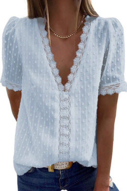 Deep V-neck Chiffon Shirt Embroidered Ruffled Short Sleeves Top Front Rear