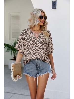 Summer Leopard Print Short Sleeve V-n...