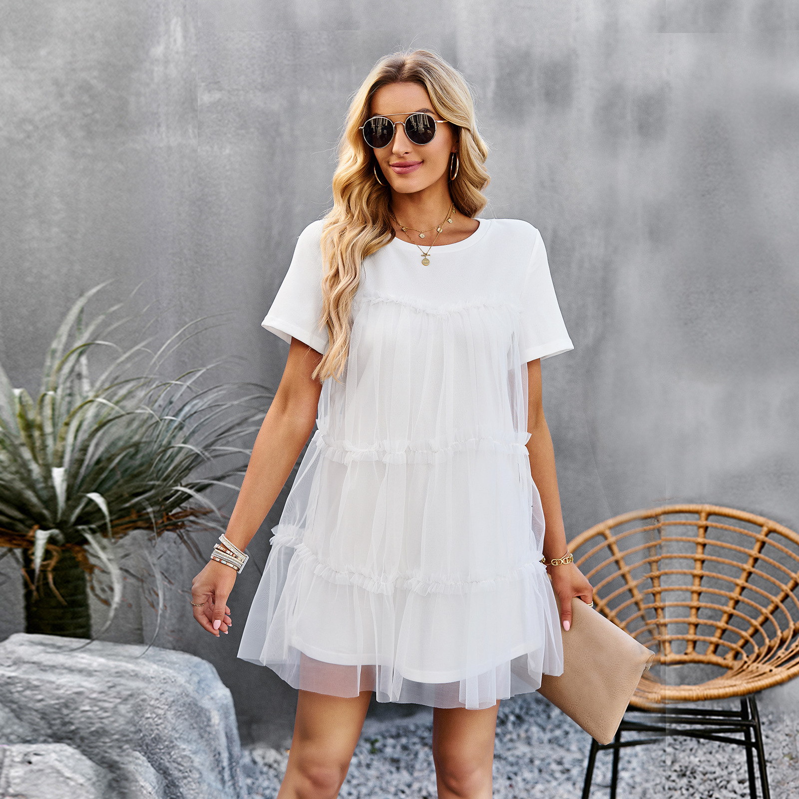 Mesh Stitching Ruffle Dress Summer Elegant round Neck Solid Color