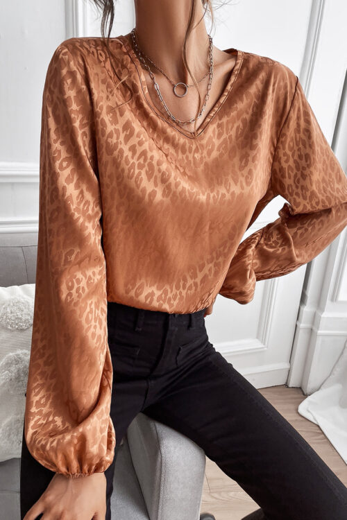 Spring V-neck Pullover Leopard-Print Shirt Women Artificial Silk Jacquard Long-Sleeved Shirt