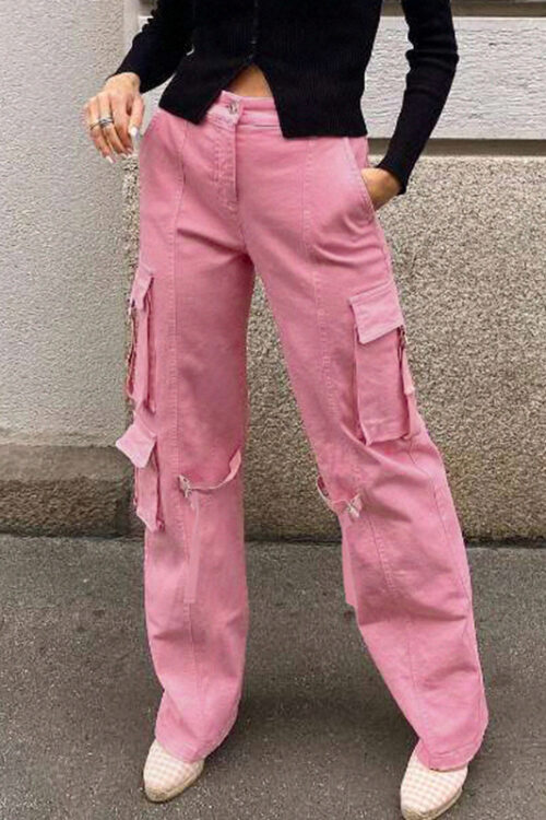 Street Loose Multi Pocket Cargo Pants Retro High Waist Straight Casual Jeans