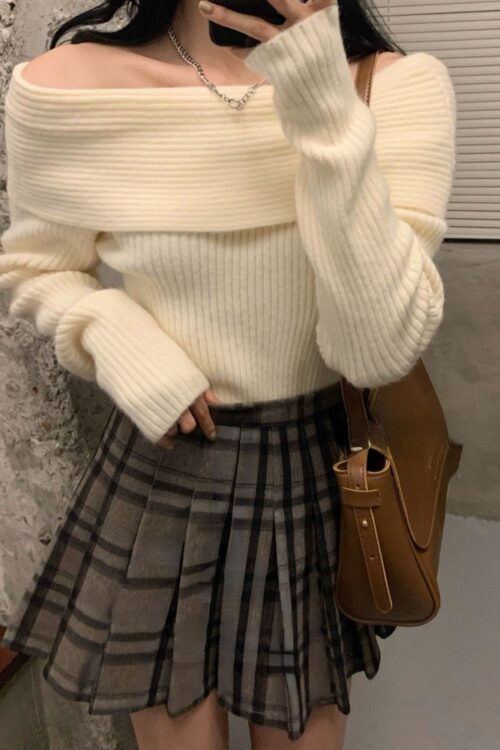 Off Shoulder Knitted Sweater Women Lo...