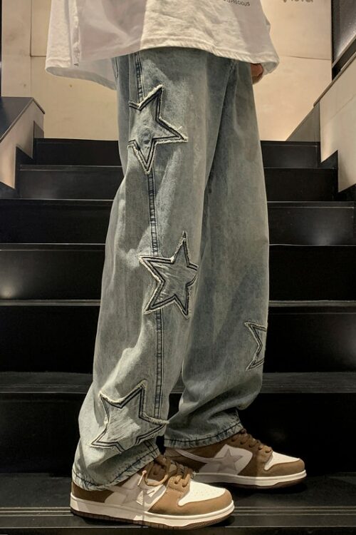 Star Embroidery Straight Casual Men Jeans Gothic Neutral New Wide Leg Loose Hip-hop Fashion