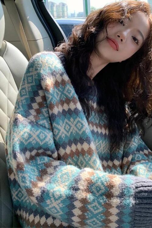 Winter Knit for Women Pullover Top Vintage Long Loose Sweaters Warm Korea Fashion Kawaii