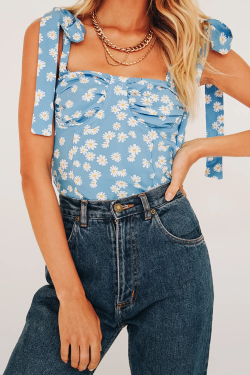 Wear Sexy Vacation Cropped Small Top Summer Little Daisy Printed Stretch Slim Fit Tied Sling