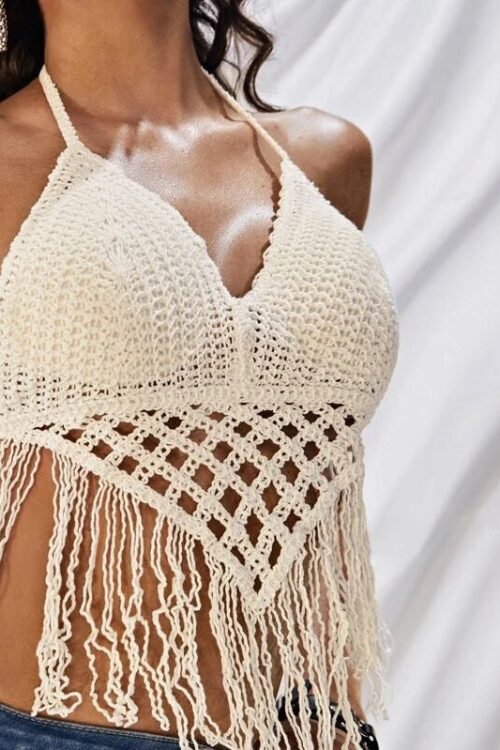 Women Summer Vacation Solid  Crochet Fringe Sexy Halter Top