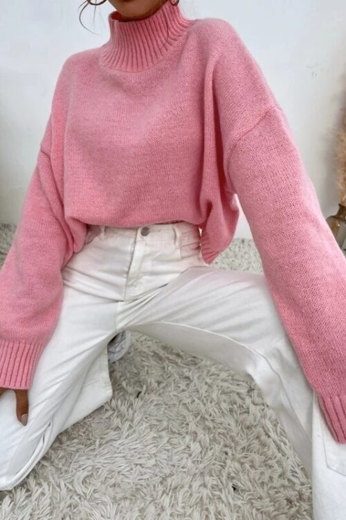 Women Fall Winter Long Sleeve Pink Solid Mock Neck Casual Sweater