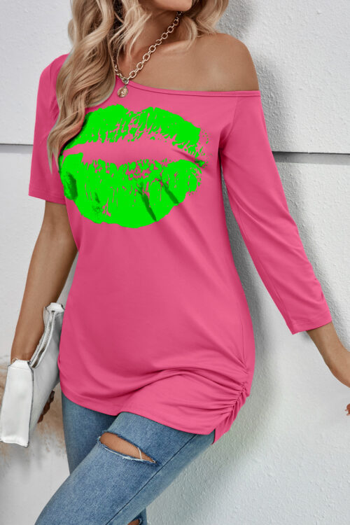 Lip Printings Short Sleeved T shirt Women off Shoulder Irregular Asymmetric Sleeve Length Slim Top Summer