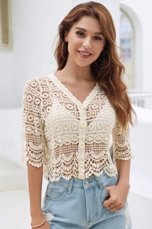 Women Summer Vacation Short Sleeve Solid Crochet Top
