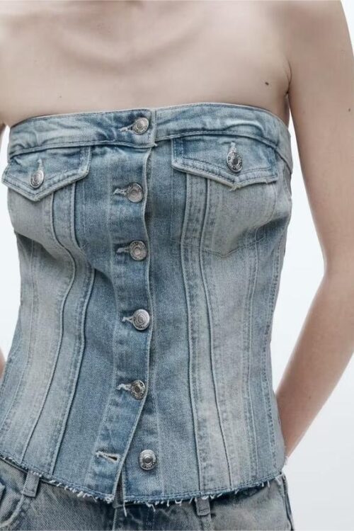 Early Autumn Women’s Clothing Denim Corset Single Breasted Cropped Small Top