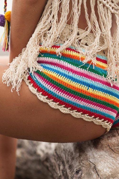 Split Swimsuit  Women  Clothing Color Striped Hand Crocheting Bikini Shorts Knitted Sexy Swimsuit