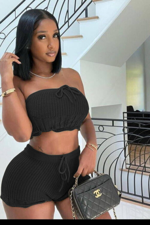 Women Clothing Casual Knitted Tube Top Shorts Two Piece Set