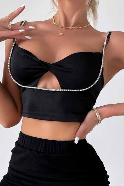 Women Clothing Low Cut Sexy Cutout Sling Diamond in the Debris Stitching Cross Cropped Short Sleeveless Top