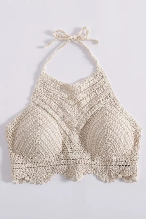 Women  Summer Vacation Crochet Cut Out V Shaped Symmetrical Pattern Strap Shackle Top