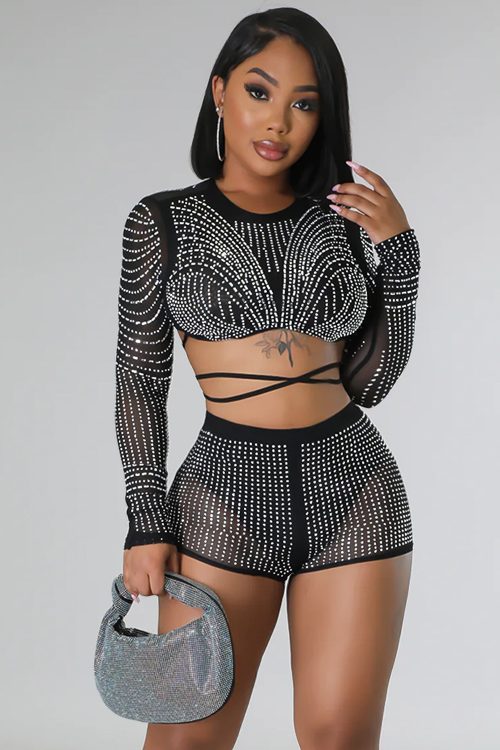Women Wear Solid Color Mesh Drilling Long Sleeve Shorts Two Piece Set