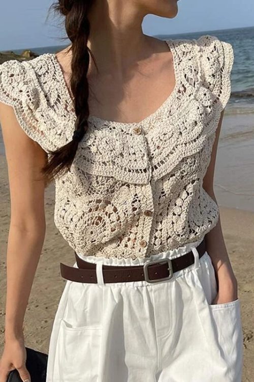 Women  New Summer Exquisite Heavy Industry Hollow Crochet Elegant Lotus Collar Top