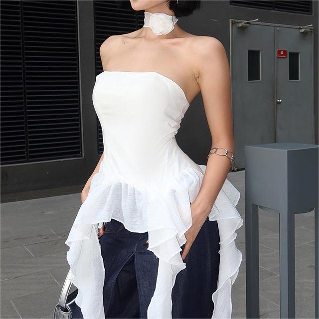 White Pure Sexy Irregular Asymmetric Spiral Hem Off Shoulder Tube Top Women Summer