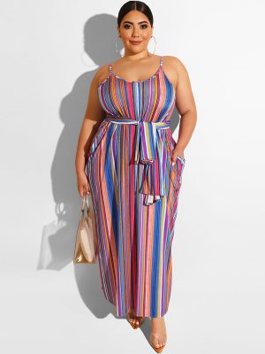 Plus Size Women Striped Loose Strap D...