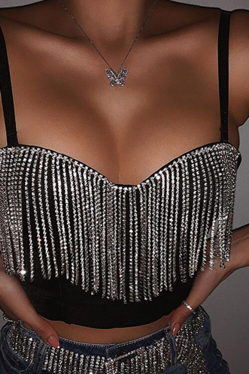 Summer Solid Color Stitching Light Diamond Tassel Wrapped Chest cropped Vest Women