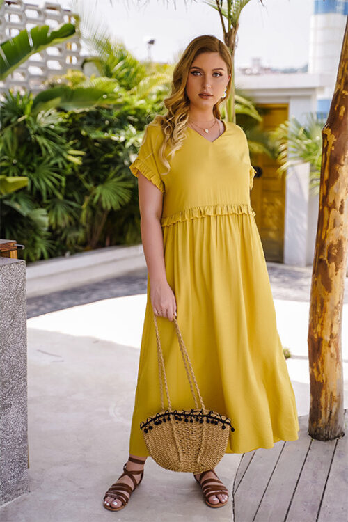 Plus Size Summer Yellow V-neck Loose ...