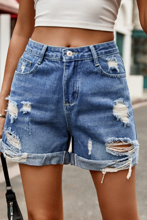 Washed-out Vintage Curling Ripped Classic Ripped Denim Shorts