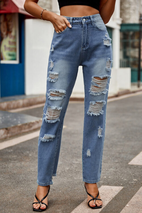Ripped Slimming Washed Denim Straight Casual Pants Women