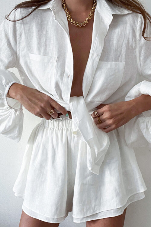 Summer Cotton Linen Women Long Sleeve Blouse Ruffled Shorts Two Piece Casual Fashion White Suit