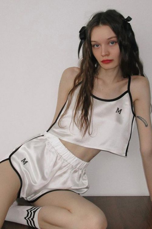 Pure Casual Women Clothing Satin Letter Graphic Embroidered Edge Contrast Color Small Sling Elastic Waist Shorts Set Summer