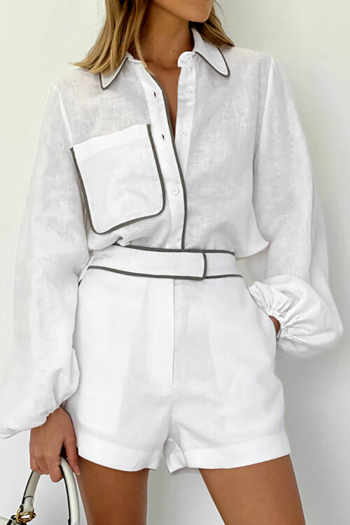Casual Cotton Linen Long Sleeve Set Women Summer Design Black White Contrast Color Shirt Shorts Two Piece Set