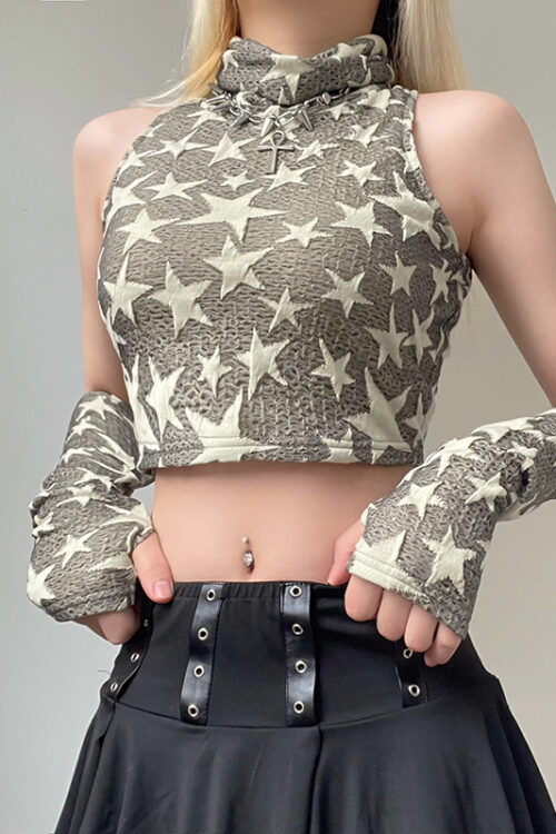 Early Summer Pattern Slim Fit Ultra Short Sleeveless Turtleneck Vest for Women