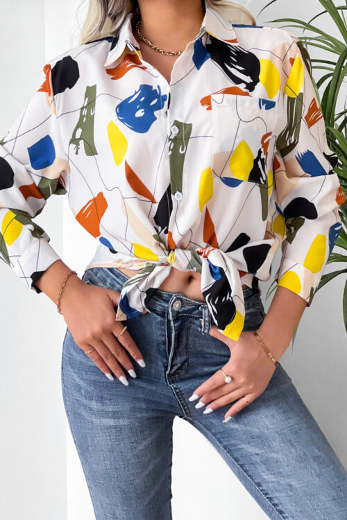 Women  Clothing Collared Print Shirt Long Sleeve Geometric Abstract
