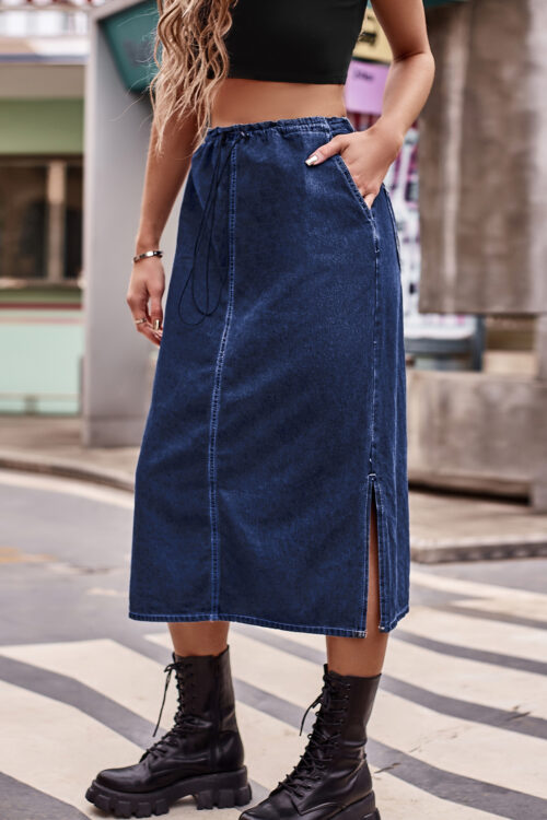 Women Clothing Half Elastic Waist Drawstring Denim Midi Skirt