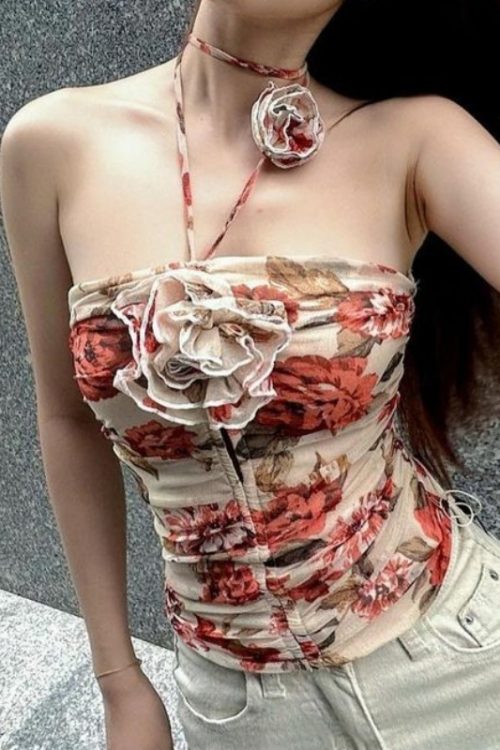 Spring Sweet Spicy French Romantic Rose Halter Slim Fit Tube Top Vest