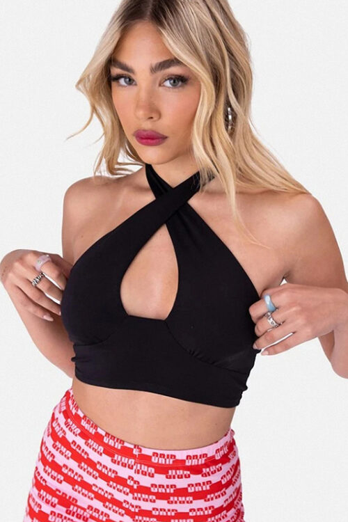 Summer Backless Wireless Slim Fit Halter Criss Cross Type Solid Color Short Black round Neck Short Vest Wrapped Chest