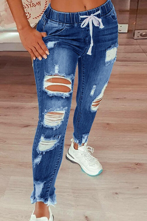New Arrival  Washed Drawstring Ripped Jeans Casual Street Hipster Jeans for Women