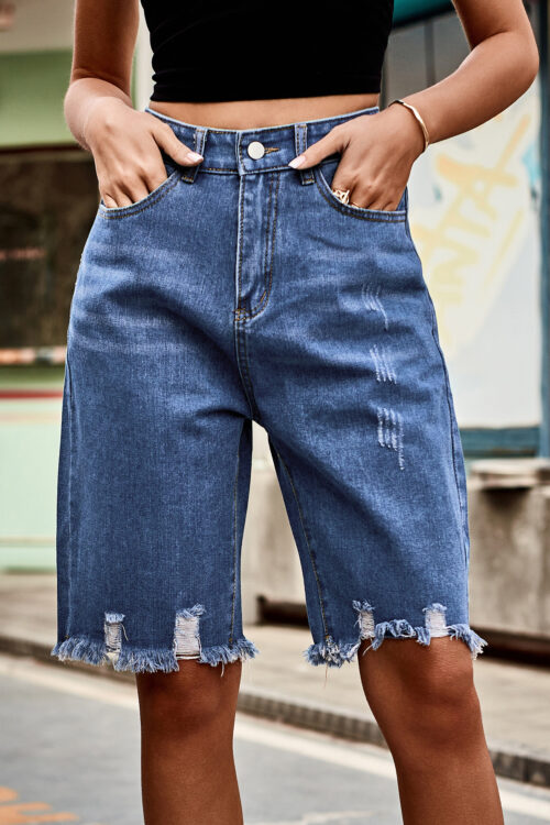Denim With Hole Fifth Pants Fashionable Frayed Hem Tasseled Jeans Women