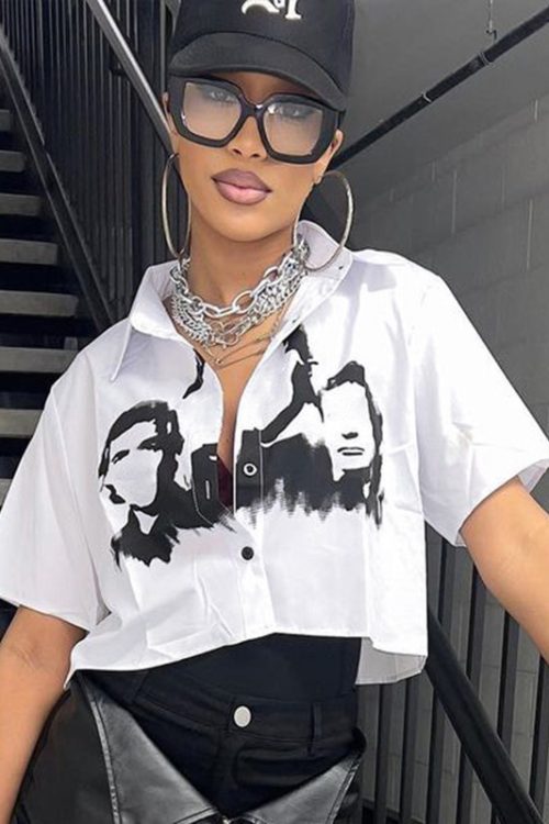 Summer Women Personalized Character Print Contrast Color Cropped Exposed Short Polo Collar Shirt T Shirt